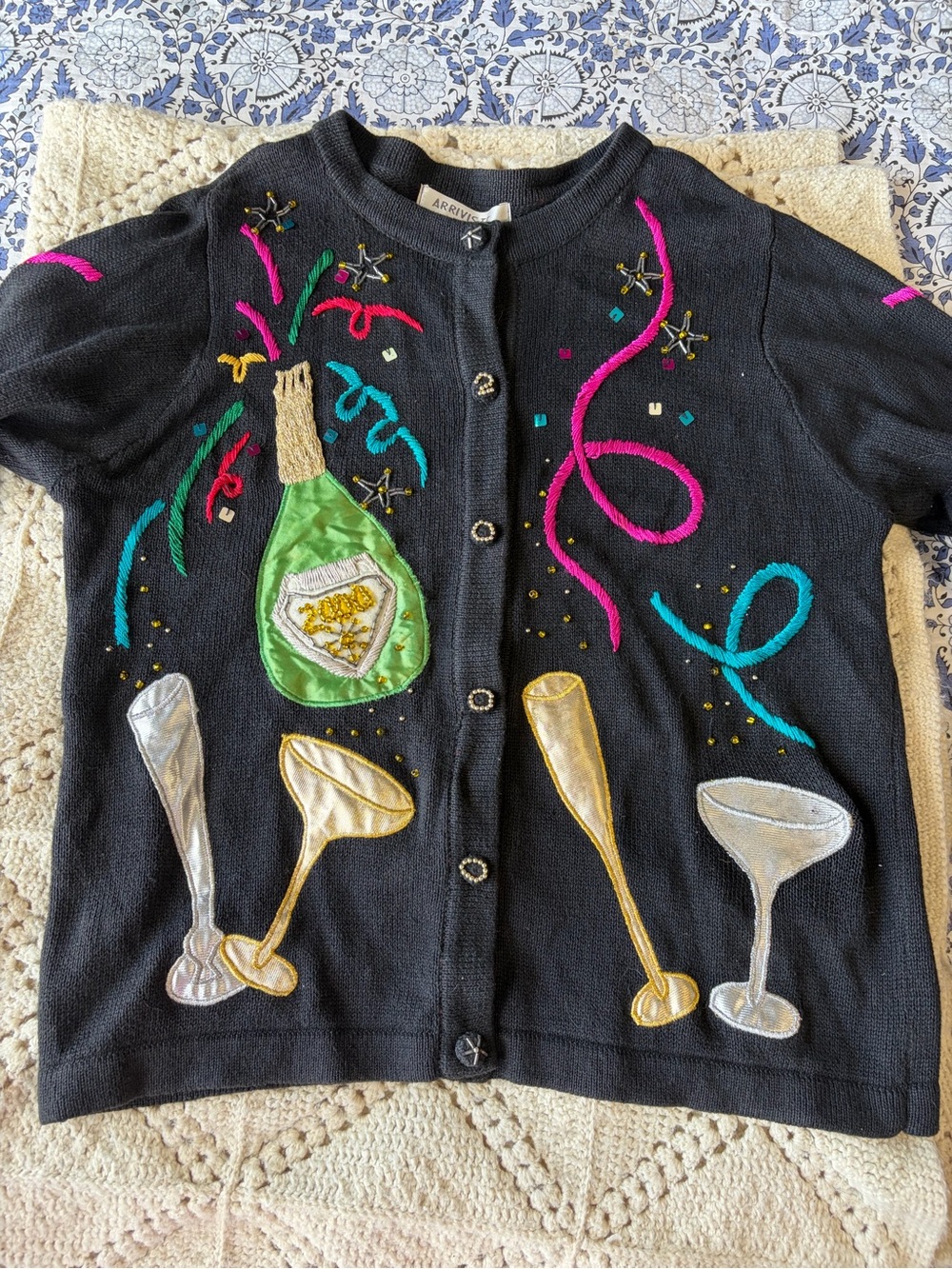 Y2K NYE Black Party sweater applique Embroidery vintage Arriviste Small iconic